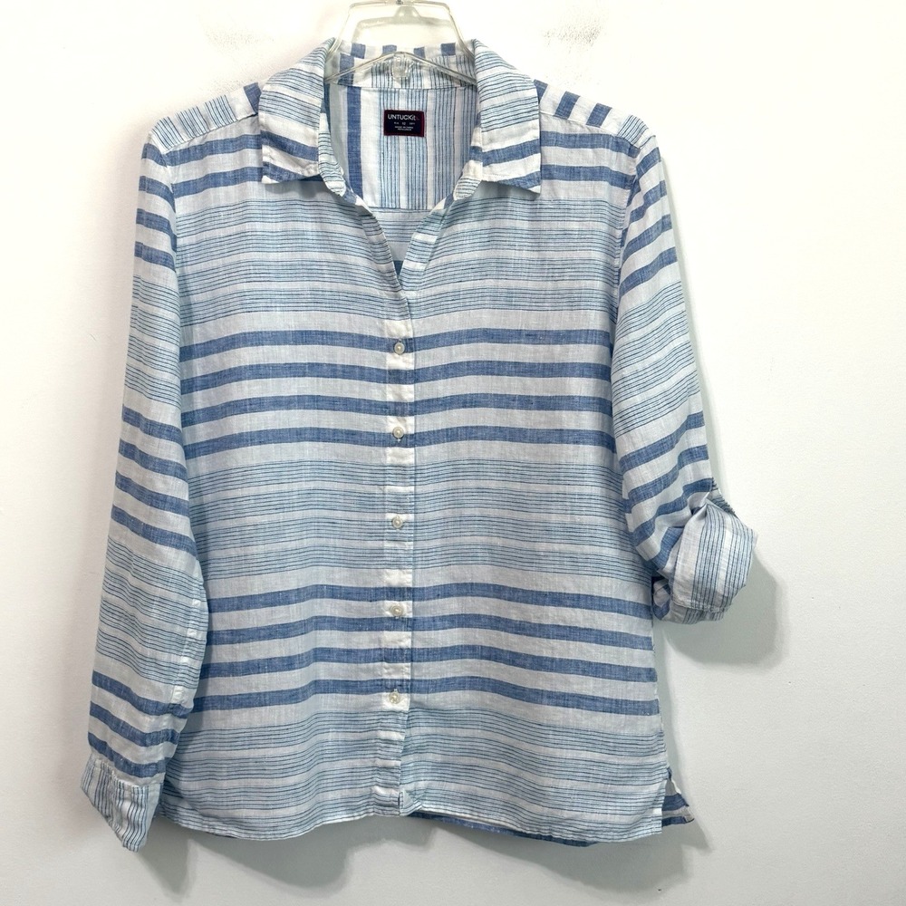 Untuckit Vietti Linen Blouse Top 12 Blue Stripe Roll Tab Sleeve Summer Nautical